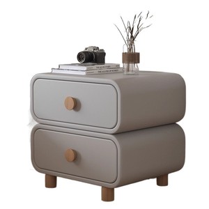 Cream Colored Bedside Table Artificial Board Modern Simple Bedroom <b>Storage</b> <b>Cabinet</b> With Wooden Legs - Product Image 5