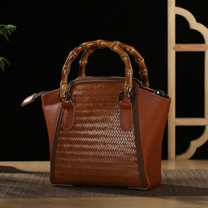 Traditional Chinese Style Handmade Bamboo Woven Leather Crossbody Bag Waterproof Women's Tote Artistic Retro Handbag - Product Image 1