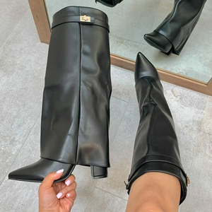 Botas de tacón grueso de talla grande 45 con punta en pico y superposición de gamuza, botines plegables hasta la rodilla con decoración metálica para mujer - Product Image 2