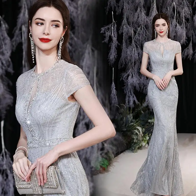 2024 nouvelle robe de soirée de banquet formelle en queue de poisson gris argenté populaire robe à paillettes sexy