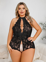 Bodysuit transparan berenda elastis model V-neck dalam, untuk wanita gemuk ukuran besar.