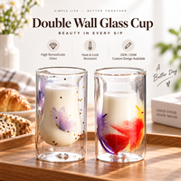 Mug Kaca Dinding Ganda Motif Bunga dengan Gagang Kristal 100ml/3.3oz Aman untuk Makanan OEM ODM Grosir Partai Besar Hadiah Pribadi Peralatan Kaca