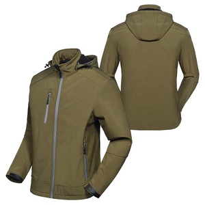 Men's Olive Green Soft Shell <b>Hooded</b> Jacket With <b>Zip</b> Fly And Pockets Regular Fit Outdoor Hiking Coat Water Resistant custom logo - Product Image 3