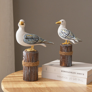 Ensemble d'ornements en bois massif en forme de mouette, 2 pièces, style méditerranéen, sculpture ronde, décoration de la maison, décoration de salon - Product Image 3