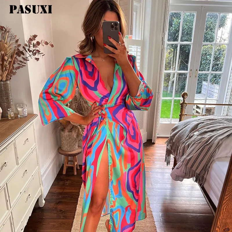 PASUXI – Robe Longue imprimée bohème pour femmes, élégante, Longue, décontractée, plage, été