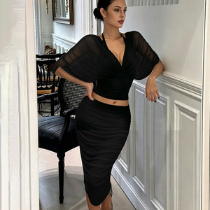 Women's Casual Two Piece Halter Top and Bodycon Skirts Sets Sexy Mesh <strong>Fall</strong> 2 Piece Midi Skirt Set Women 2026 - Product Image 3