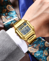 Untuk FB0076 Jam Tangan Digital Sport Kasual Emas Pria Wanita Persegi Baja Tahan Karat Layar LCD Fungsi Alarm Gerakan 40mm Sederhana