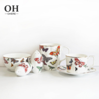 Service de Table Bohème de Luxe Écologique en Porcelaine Fine de Haute Qualité avec Motifs Papillons Colorés – Assiettes, Bols et Accessoires pour le Thé – Style Classique