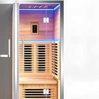 Porte de sauna sans cadre en bois massif avec douche intégrée, construction en bois massif, design moderne, panneau de commande informatisé
