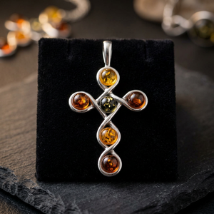 Exclusivo Colgante de Cruz de Plata de Ley 925 con Gema de Ámbar Báltico Auténtico, 6 Gramos, Joyería de Moda para Mujeres Elegantes - Product Image 3