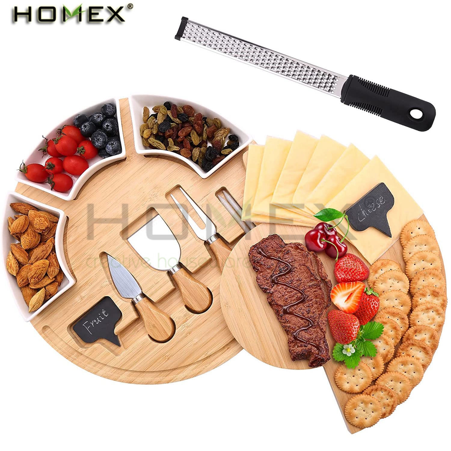 Набор разделочных досок для бамбукового сыра, вращающийся круглый Сервировочный набор для сыра с теркой для сыра и ножом, завод Homex_BSCI