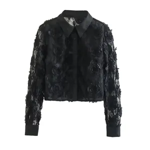 Elegant style black color turn down collar buttons up flower pattern women's casual women's blouses & shirts
