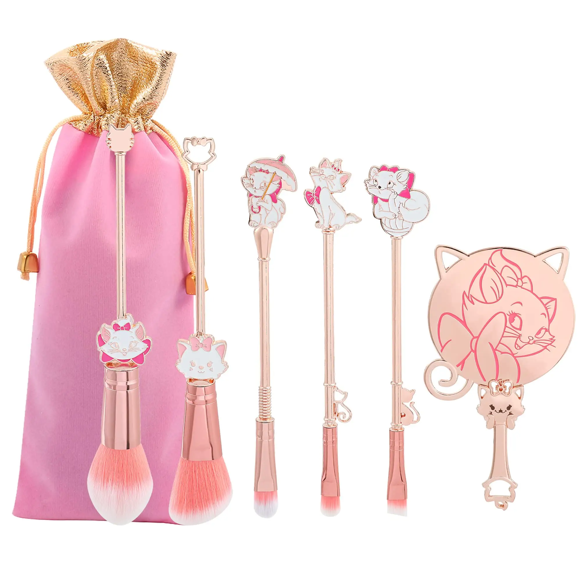 Pinceaux de maquillage Marie Cartoon Cat Kit d'outils cosmétiques Sac à cordon rose inclus pour filles et femmes Ensemble de pinceaux de maquillage