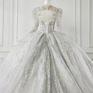Ophelisa Abito da Sposa di Lusso Stile Principessa <span class=keywords><strong>Argento</strong></span> Scintillante Maniche Lunghe Scollo a V Ricamato in Pizzo con Fiori Cristalli e Applique - Product Image 6
