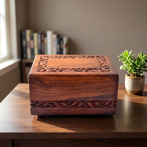 Cercueil en bois de rose sculpté à la main, finition bois naturel, motifs personnalisables, pour adultes, usage funéraire |   Ensemble de 4 boîtes à urnes imbriquées - Product Image 3
