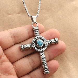 Stainless Steel <b>Cross</b> Pendant With Blue Gemstone Bezel Setting Punk Retro Men's Necklace 280600 - Product Image 4