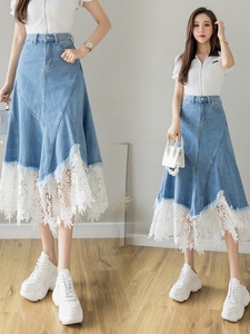 Wholesale 2026 Summer New Fashionable Mid Length High Waisted Slimming Pleated A-line Lace <strong>Patchwork</strong> Denim Women's <strong>Skirt</strong> - Product Image 3