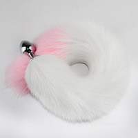 Plug anal en acier inoxydable poli miroir avec queue de renard bicolore de 46 cm, plug anal coloré pour cosplay et jeux de rôle.