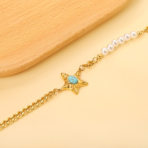 สร้อยข้อมือโซ่ทองรูปดาวประดับเทอร์ควอยซ์และไข่มุกสำหรับผู้หญิงใส่ได้ทุกวัน - Product Image 3