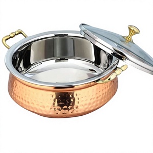 780ml Hammered Design <b>Copper</b> Steel Indian Handi with Lid Glass Cover Style Serving Cookware Sets for Dining Hotel Restaurant - Product Image 1