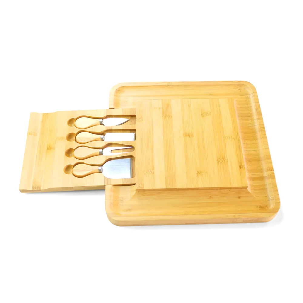 Placas de charcutaria para presentes naturais com utensílios de servir, tábua de queijo de bambu e conjunto de facas com talheres e gaveta deslizante