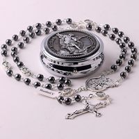 Collier chapelet en hématite noire et tungstène avec perles en pierre, Saint Michel Archange, avec boîte cadeau en métal pour homme