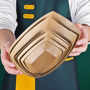 맞춤형 디자인 크래프트 식품 용기 도매 친환경 크래프트 종이 간식 샐러드 그릇 트레이 보트 모양 종이 그릇