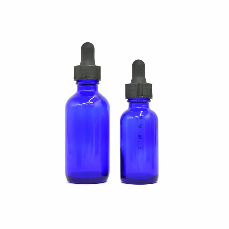 Wholesale in stock 1oz 30 ml Boston round Cosmetic cobalt blue glass dropper bottle with glass pipette