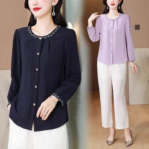 Linen <b>Shirt</b> Women Long Sleeve Embroidered Navy Blue Solid Color Vintage Style Everyday Wear Cotton Fabric ZY-701 - Product Image 4