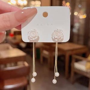 Korean INS Trend Luxury Gold Plated Zinc Alloy Long Tassel Pearl Flower Camellia Drop <b>Earrings</b> Jewelry for Women - Product Image 5