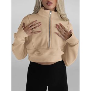 Custom Women's Half Zip <b>Cropped</b> Sweatshirt <b>Long</b> <b>Sleeve</b> Casual <b>Top</b> With Thumb Hole Anti-Wrinkle 100% Cotton Knitted Fabric - Product Image 2