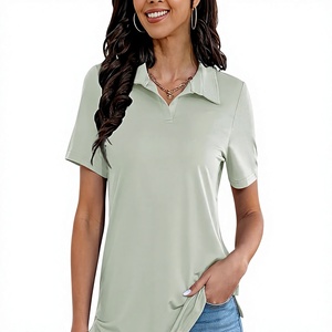 Polo à manches courtes pour femme, couleur unie, respirant, tricoté, décontracté, sportif - Product Image 1