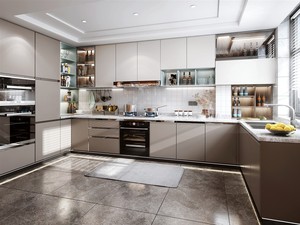 Elegante juego de gabinetes de cocina con estantería abierta, encimera de madera, horno empotrado y tablero de melamina para cocina - Product Image 2