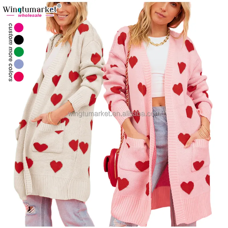 Valentines day gift knitted cardigan heart jacquard outwear cute pink women long sweaters cardigans with pockets