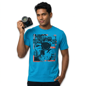 Men's Blue Short Sleeve T-Shirt With <b>Camera</b> <b>Print</b> Pattern Casual O-Neck Jersey Regular Fit 100% Cotton Breathable Design - Product Image 1