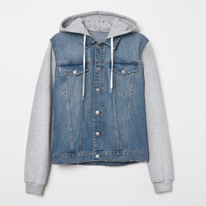 Button up Hooded Denim Jean <strong>Jacket</strong> <strong>Men</strong> Denim Hoodie <strong>Jacket</strong> With Draw <strong>Cord</strong> - Product Image 3