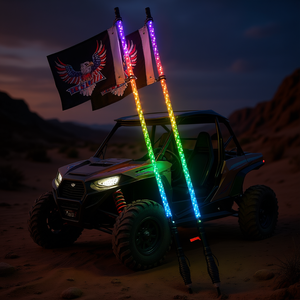 2 pièces de lumières LED fouet de 4 pieds avec base à ressort, télécommande via application, étanches, à 360 degrés, RVB, avec effets de poursuite et drapeaux, pour UTV - Product Image 2