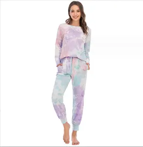 2023 Outono e Inverno Novo Mobiliário Doméstico das mulheres Tie Tingido Calças de Manga Longa Set Pijamas Casuais