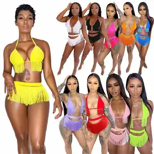 Sommer einfarbige Quaste Fransen Bikini Set Neck holder BH Tops und Frauen Tangas 2 Stück Badeanzug für Frauen Strand kleidung