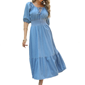 Robe en jean pour femmes, manches bouffantes, taille empire, cordon <span class=keywords><strong>de</strong></span> serrage, col en v, design A-line, grande taille - Product Image 1