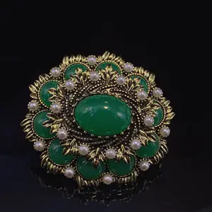 Vintage Elegant Luxury Green Gemstone Pearl Flower Leaf Shaped Brooches for Women Men Jewelry