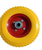Roue Diable Brouette Roudiable/brouette à pneu plein jaune (polyuréthane), jante en acier rouge, roulement à billes. Taille 2.50-4