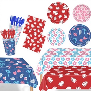 Nouvelles assiettes jetables et serviettes en papier à fleurs d'Althéa hawaïennes - Couleurs rouge/bleu/rose pour la décoration de fête d'anniversaire et de sortie de printemps - Product Image 1