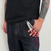 Chaîne de pantalon Hiphop à pampilles superposées avec perles rouges et perles d'imitation blanches, unisexe, pour la décoration de jeans streetwear gothique, bijoux de mode