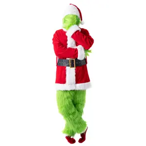 7PCS Deluxe Furry Green Big Monster Christmas Costume For Men Santa Suit Adult For Halloween Outfit Holiday Cosplay