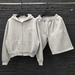 Custom <b>Men</b> Sweat Suits 2 Pieces Embroidery Double Zip Up <b>Hoodie</b> <b>And</b> <b>Shorts</b> <b>Set</b> French Terry Baggy Oversized Tracksuits For <b>Men</b> - Product Image 1
