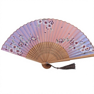 Handmade Natural Wooden Folding <b>Fan</b> with Floral Design Modern Art Decorative Collectible Craft in <b>Pink</b> and Purple - Product Image 1