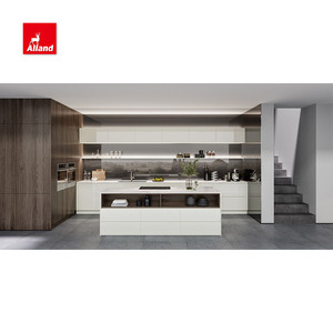 Tùy chỉnh handleless sàn cửa tủ bếp (nhà máy sản xuất) | allandcabinet ván ép, sơn mài có độ bóng cao, hiện đại màu trắng và thạch anh - Product Image 1