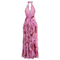 Robe de soirée élégante à col en V sexy, volants, tissée, lavable, taille haute, dos nu, fente latérale, imprimé floral, pour l'automne, la plage et les vacances