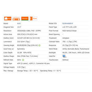 700:1 B140HAN04.9, 210Cd/<span class=keywords><strong>M</strong></span> No Touch 16:9 LCD <span class=keywords><strong>M</strong></span>ódulo de pantalla de 14,0 "1920*1080 WLED Nueva pantalla LCD para computadora portátil 40 pines 62% SRGB - Product Image 3